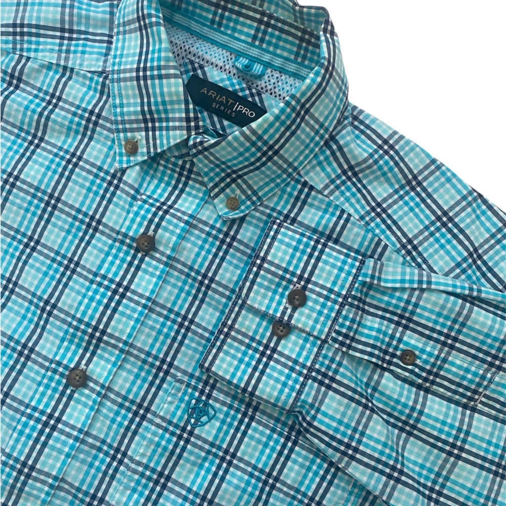 Ariat Men’s Pro Series Turquoise and Navy Plaid Long Sleeve Button Down Shirt